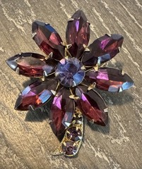 Judy Lee brooch purple navette-cut rhinestones floral lavender center 2 stem