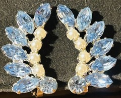 Vintage B. David Blue Rhinestone And Faux Pearl Signed Clip On Earrings