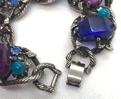 UNIQUE SELINI LINK BRACELET W/PURPLE, TURQUOISE & VIOLET LUCITE INSET PIECES!