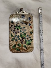 Vintage Kloison Signed Pendant w/ Flowers And Butterfly Large Cloisonne Pendant