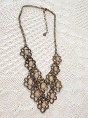 Gold Flower Faceted Light Pink Teardrop Accent Statement Bib Necklace