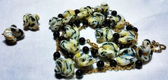 Vintage Venetian Fancy Pinched Gold Black Glass Beads Beaded Demi Parure