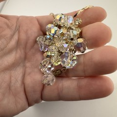 Vintage AB Glass Crystal & Clear Rhinestone Dangle Pendant Brooch &Gold Necklace