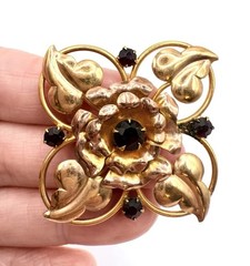 Marathon Co 12k Gold Filled Black Rhinestone Brooch Signed Vintage Jewelry