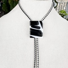 Stunning Vintage Black & White Artist Signed Fused Glass Western Bolo Tie