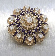 Elegant Ladies Antique 14K Yellow Gold 2.25ctw Diamond Blue Enamel Brooch Pin