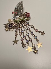 Vintage Kirks Folly Brooch Pin Jewelry Gold Star Dangle Crystal Fairy Angel Bag