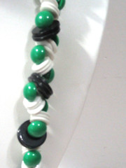 Long Beaded Handcrafted Necklace Green White and Black Buttons Great Design