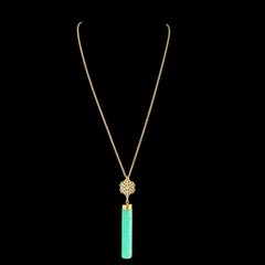 Aqua Quartz Gemstone Pendant Gold Tone Filigree Long Necklace Signed Nice 26 in