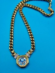 Swarovski SAL Necklace Vtg Gold Tone Curb Chain Crystal Octagon Pendant Signed
