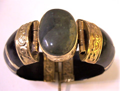 2 vintage India clamper bangle horn bone brass stone gem bracelets