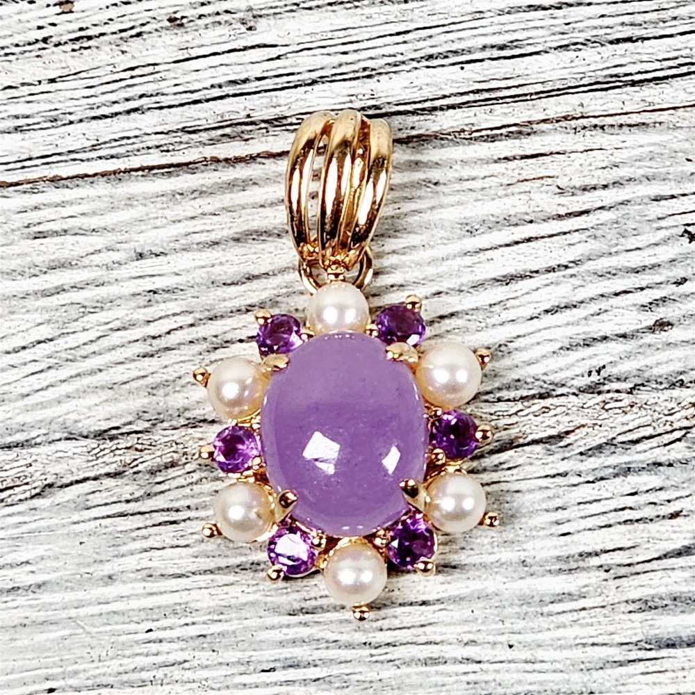 Vintage 14K Yellow Gold Lavender Jade Pearl Amethyst Pendant Purple Pretty Gems
