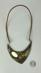 Vintage 60s 70s Handmade Brutalist Pendant Necklace Brass & Leather, Stone 15.5″