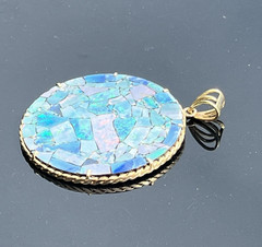 Large Vintage 14K Gold Rope Design Opal Mosaic Statement Pendant 2 5/8″ length