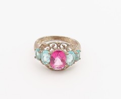 925 Sterling Silver Vintage Ring Aquamarine & Pink Topaz Band Sz 6 RG36874
