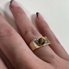 10K Tiger’s Eye-Diamond Unisex Ring, Florentine Finish Yellow Gold, Estate Band
