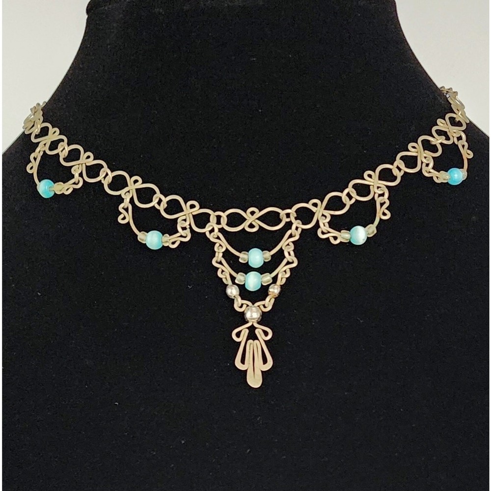 Y2K Edwardian Revival Choker Blue Cat’s Eye Beads – Vintage Regencycore Necklace