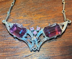 Vintage Art Deco style bow necklace silver tone choker hook red pink gemstones