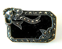 VTG Art Deco Sterling Silver Gold Black Onyx Marcasite Bow Pin Brooch 1.5 in