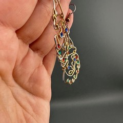 Vintage Clown Earrings Gold Tone Multicolor Rhinestone Artisan Open Wire Work