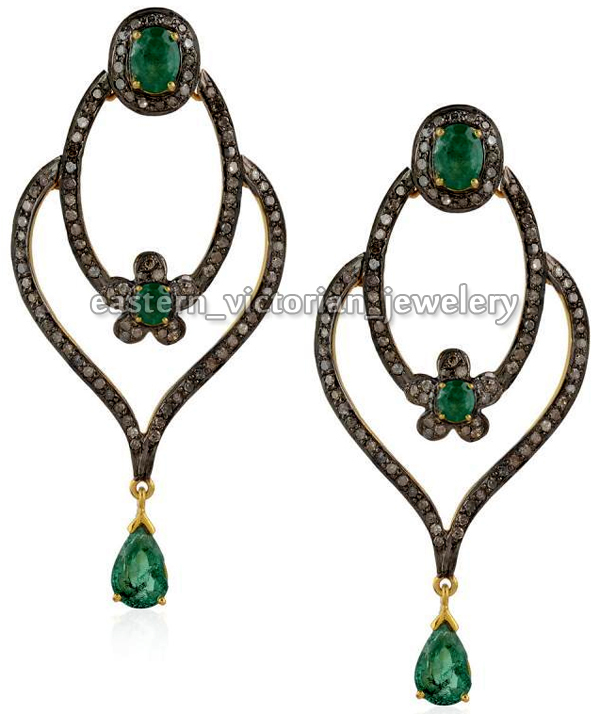 Vintage 2.90Ctw Rose Cut Diamond Emerald Studded Silver Gorgeous Earring Jewelry