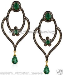 Vintage 2.90Ctw Rose Cut Diamond Emerald Studded Silver Gorgeous Earring Jewelry
