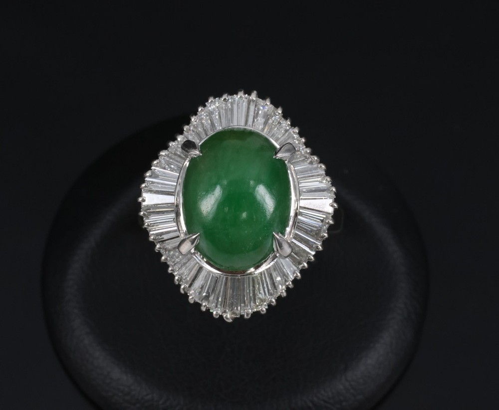 Vintage 6.92ct Natural Jadeite Jade & 1.57ct Diamond Platinum Ring, Size 7.75