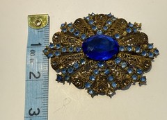 Vintage Antique Czech Gilt Filigree Cobalt Blue Glass Brooch Pin-Estate