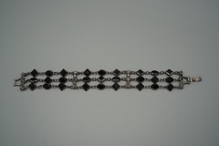 Vintage Geometric Black/Silver Tone Set-Enamel Earrings-Glass Onyx Bracelet