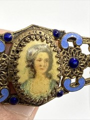 Antique Edwardian Portrait Brooch Blue Enamel C Clasp C1900 Vtg Cameo Brass