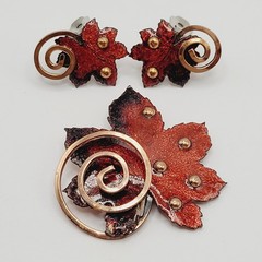 Vintage Matisse Leaf Brooch and Clip On Earrings Copper Enamel Vintage 1950s Set