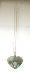 Vintage Green Heart Shaped Polished Stone Pendant Necklace ~ Charm on Chain-RARE