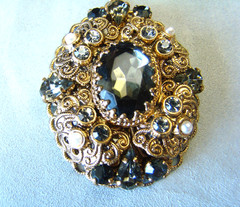 Vintage West Germany Filigree Smoky Gray Rhinestone Faux Pearl Necklace