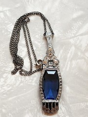 Vintage Art Deco Necklace Blue Glass Articulated 15 Inches/2.25 In Pendant READ