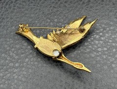 VTG Bird Brooch Faux Pearl Belly Rhinestone Wings Pin Gold Tone Silver Two Tone