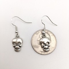 Silver Tone Costume Goth Skull Hook Dangle Earrings #25