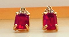 Vintage Gold Tone Red Emerald Cut Rhinestone Stud Earrings Estate Jewelry