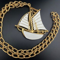 Vintage 60s Trifari Pendant Necklace With Huge Gold and White Sailing Ship – ,