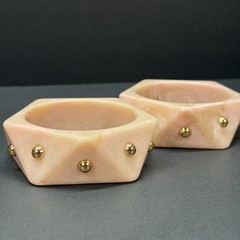 2 Chunky Retro Geometric Hexagon Soft Pink Gold Studed Marbled Bangle Bracelets