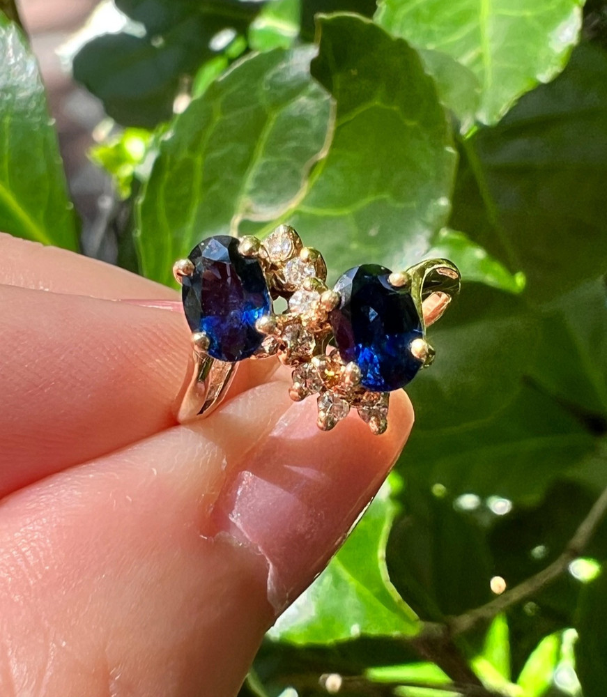 VINTAGE 14K GOLD BLUE SAPPHIRE DIAMOND TOI ET MOI RING ENGAGEMENT ANNIVERSARY