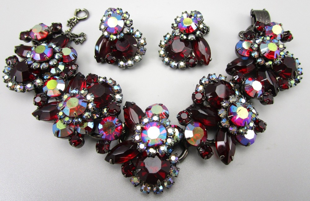 DELIZZA & ELSTER JULIANA RUBY RED RHINESTONE BRACELET & EARRINGS SET