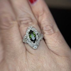 Art Deco Marquise Green Tourmaline Diamond Platinum Ring