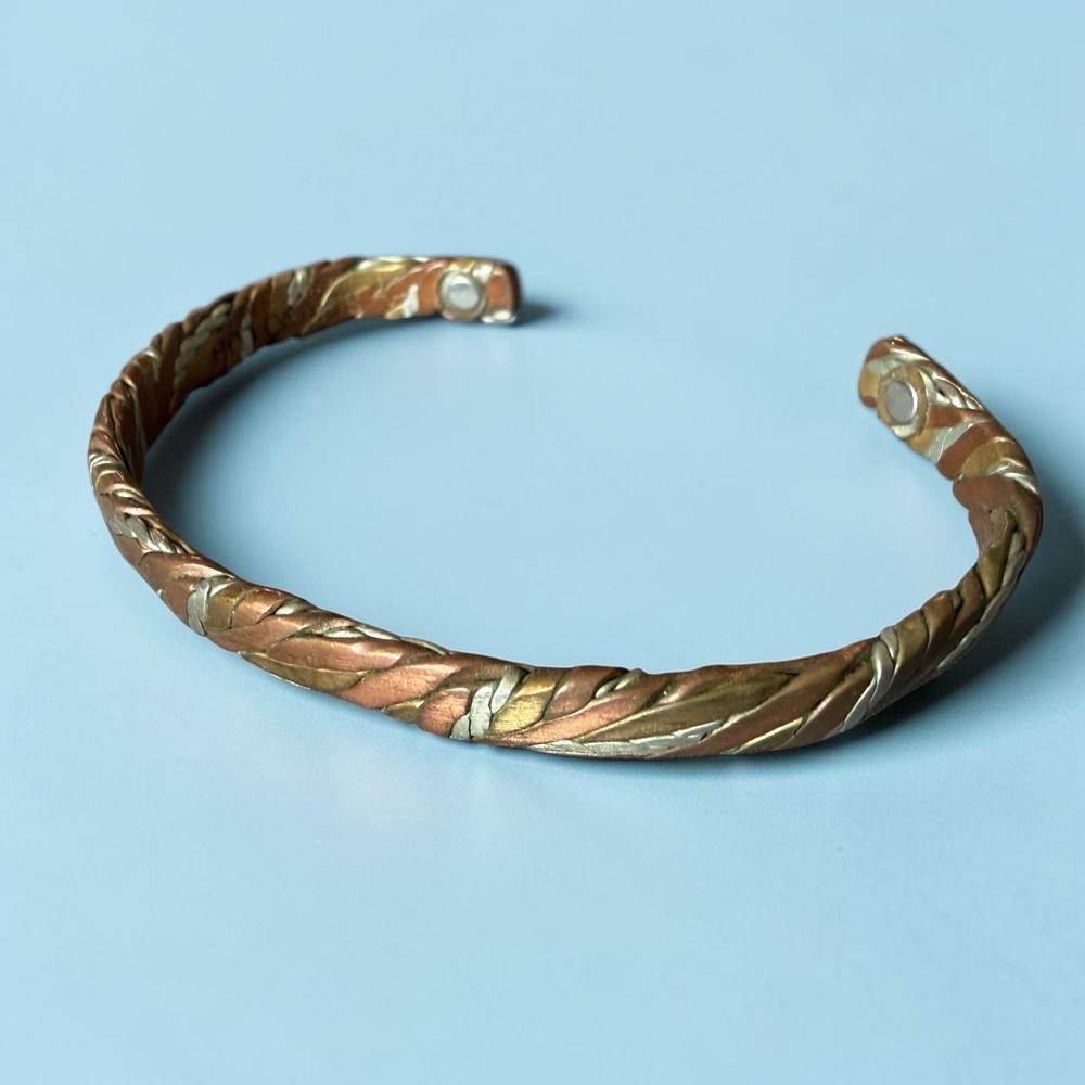 Vtg Sergio Lub Copper/brass/silvertone Braided Cuff Magnetic Tri-metal Bracelet