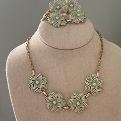 Vintage Pastel Blue Enamel Flower Set Earrings Necklace Clip On Earrings Spring