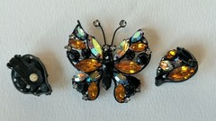 Vintage 1950s metal rhinestone butterfly brooch and matching earring set