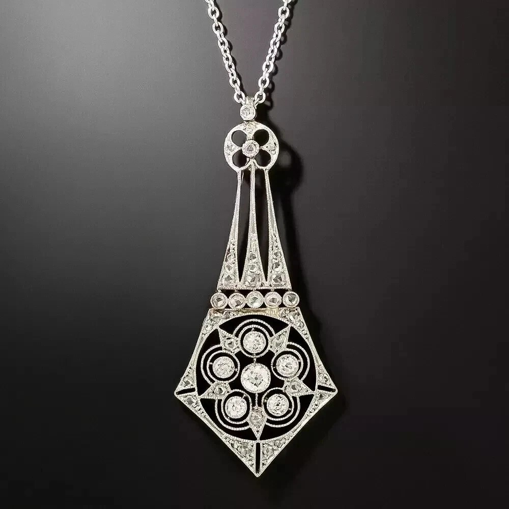 14K White Gold Finish Round Art Deco Style Lab Created Diamond Women’s Pendant