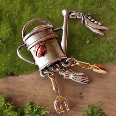Gardening Charm Brooch Silver Tone Vintage Gardener Tools Watering Can Pin