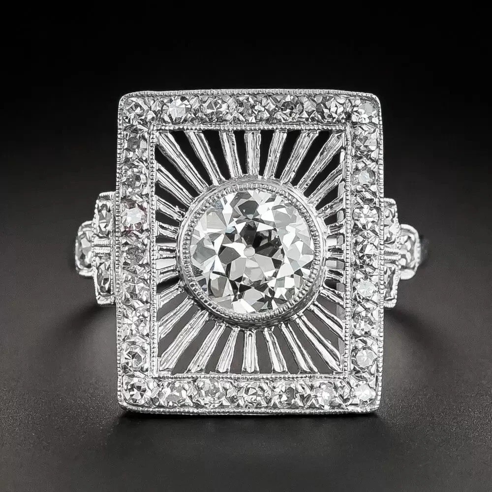 Starburst Art Deco Style Lab Created Diamond Engagement 14K White Gold FN Ring
