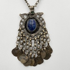 Vintage Middle Eastern Ornate Handcrafted Pendant Necklace w Lapis Lazuli Stone