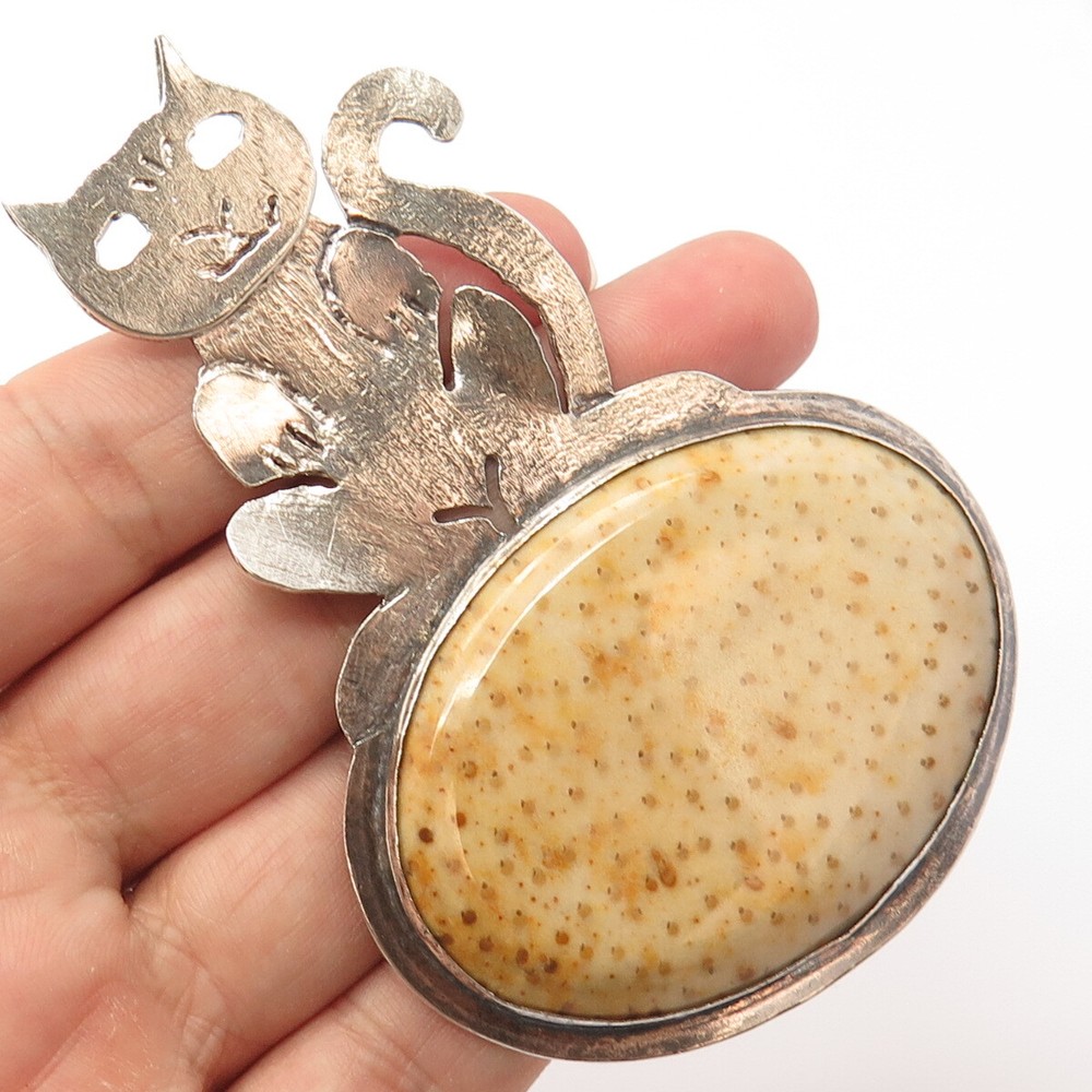 925 Sterling Silver Vintage Real Fossil Cat / Kitten & Turtle Pendant
